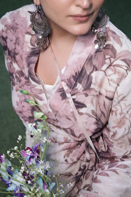 Buy_Surkh Syahi_Pink Linen Embroidery Collared Floral Print Blazer Palazzo Set _Online_at_Aza_Fashions