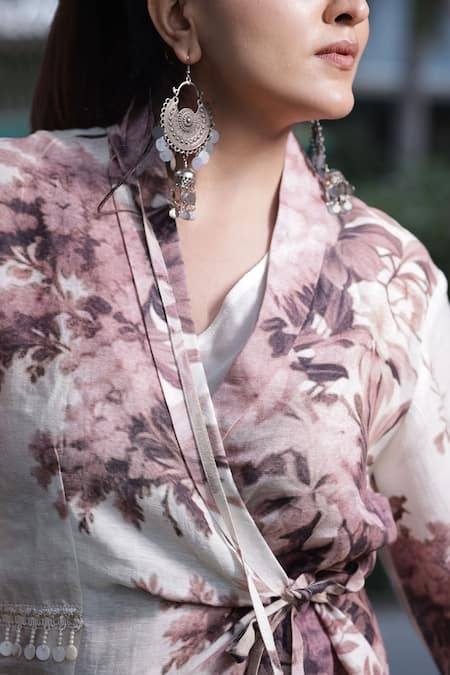 Shop_Surkh Syahi_Pink Linen Embroidery Collared Floral Print Blazer Palazzo Set _Online_at_Aza_Fashions