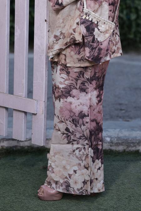Surkh Syahi_Pink Linen Embroidery Collared Floral Print Blazer Palazzo Set _at_Aza_Fashions