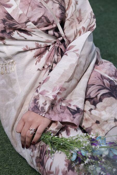 Buy_Surkh Syahi_Pink Linen Embroidery Collared Floral Print Blazer Palazzo Set 