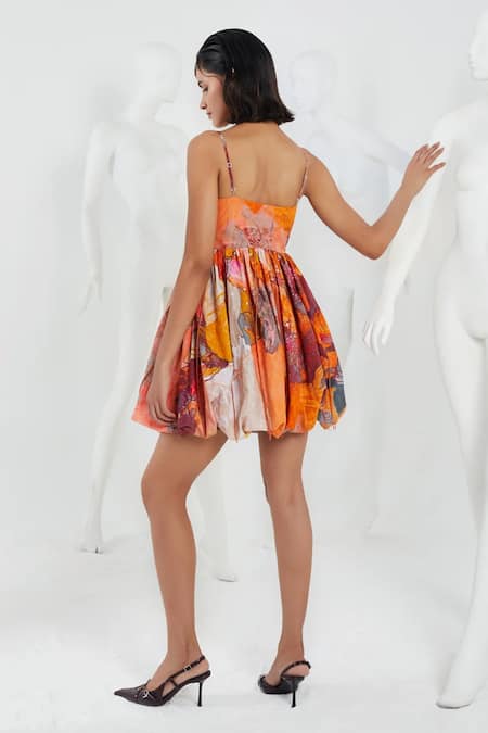 Shop She'll Orange Poplin, Linen Beads Square Neck Landscape Print Mini Dress at Aza Fashions Shop_She'll_Orange Poplin, Linen Beads Square Neck Landscape Print Mini Dress _at_Aza_Fashions
