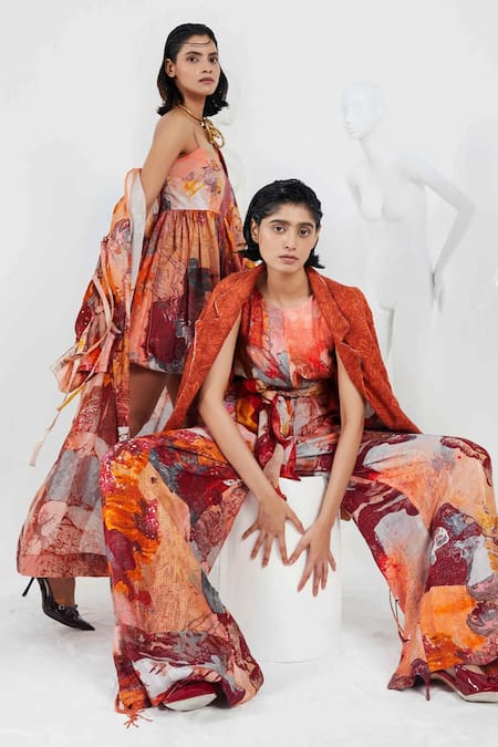 She'll Orange Poplin, Linen Beads Square Neck Landscape Print Mini Dress Online at Aza Fashions She'll_Orange Poplin, Linen Beads Square Neck Landscape Print Mini Dress _Online_at_Aza_Fashions