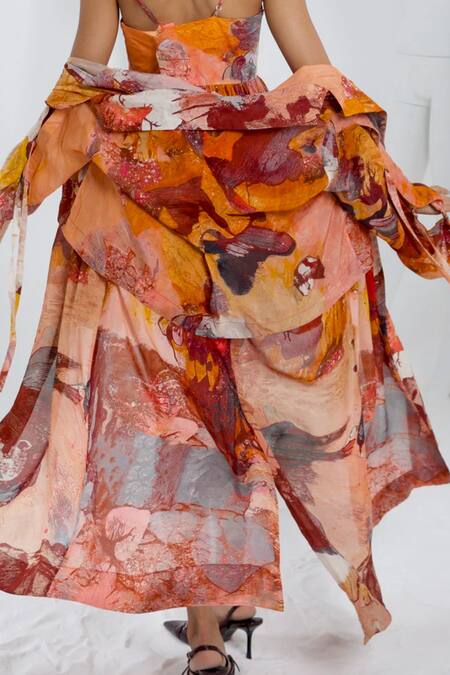 Shop_She'll_Orange Rust Abstract Print Trench Coat_at_Aza_Fashions