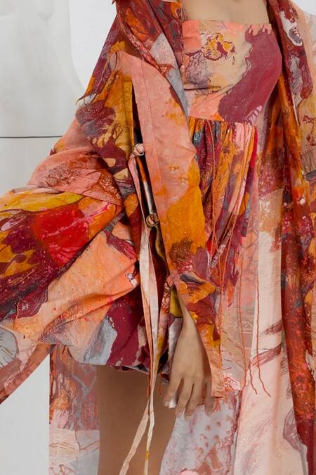 She'll_Orange Rust Abstract Print Trench Coat_Online_at_Aza_Fashions