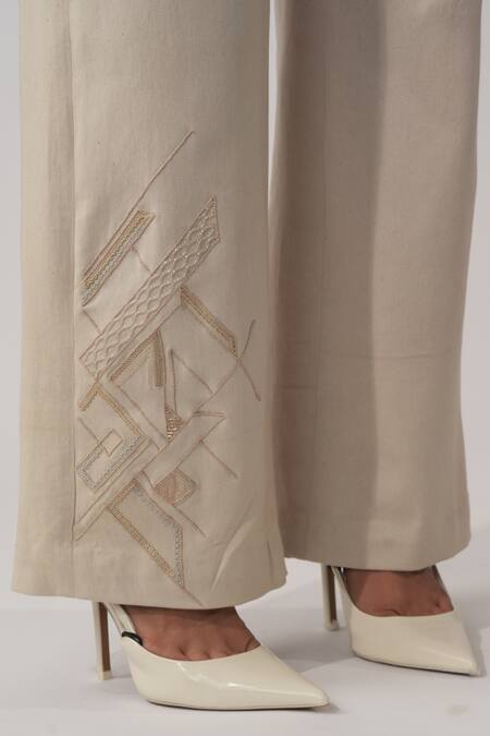 Orthodox_Beige Lycra Embroidery Geometric Trouser _Online_at_Aza_Fashions