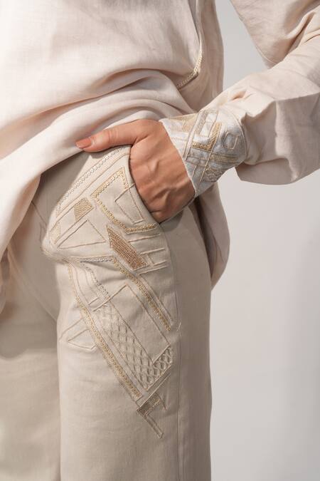 Buy_Orthodox_Beige Lycra Embroidery Geometric Trouser _Online_at_Aza_Fashions