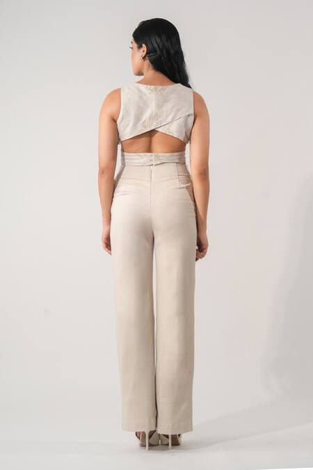 Shop Orthodox Beige Lycra Embroidery Geometric Trouser at Aza Fashions Shop_Orthodox_Beige Lycra Embroidery Geometric Trouser _at_Aza_Fashions