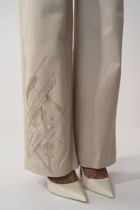 Orthodox_Beige Lycra Embroidery Geometric Trouser _at_Aza_Fashions