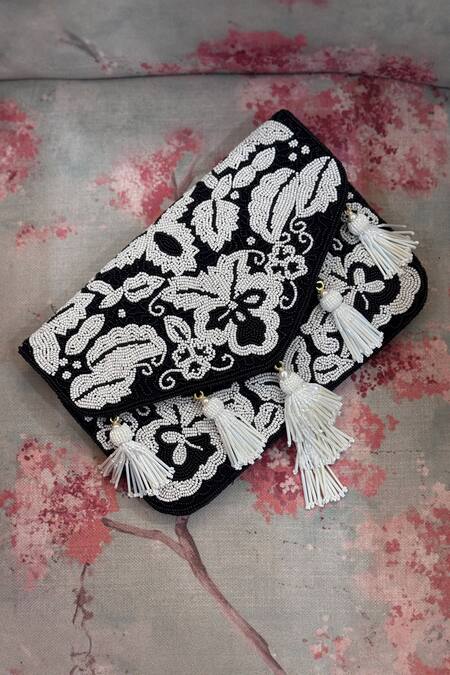Bhavna Kumar Black Beads Embellished And White Clutch Online at Aza Fashions Bhavna Kumar_Black Beads Embellished And White Clutch_Online_at_Aza_Fashions