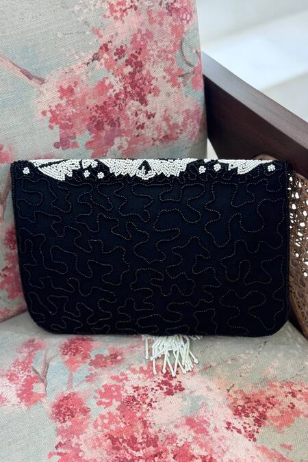 Shop Bhavna Kumar Black Beads Embellished And White Clutch at Aza Fashions Shop_Bhavna Kumar_Black Beads Embellished And White Clutch_at_Aza_Fashions