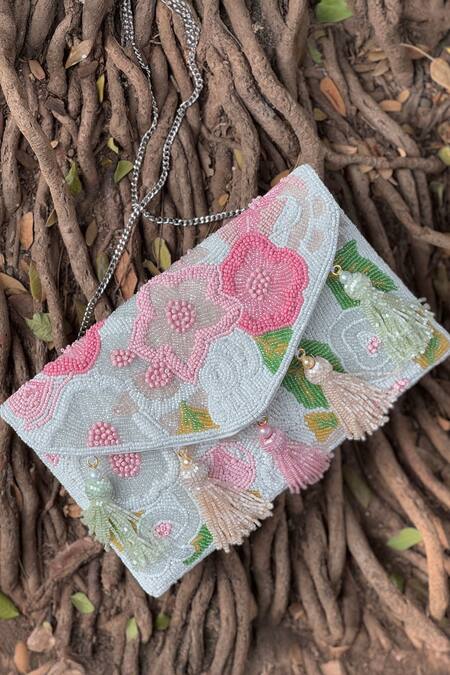 Bhavna Kumar White Beads Floral Embroidered Clutch Online at Aza Fashions Bhavna Kumar_White Beads Floral Embroidered Clutch_Online_at_Aza_Fashions