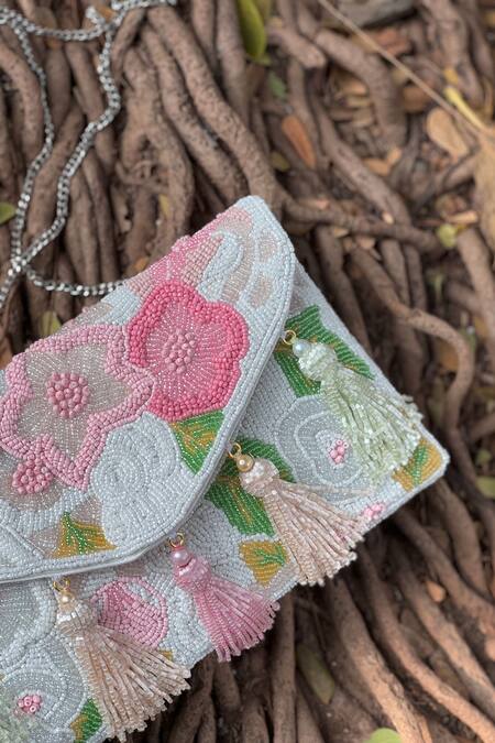 Buy Bhavna Kumar White Beads Floral Embroidered Clutch Online at Aza Fashions Buy_Bhavna Kumar_White Beads Floral Embroidered Clutch_Online_at_Aza_Fashions
