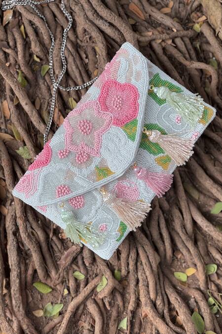 Shop Bhavna Kumar White Beads Floral Embroidered Clutch Online at Aza Fashions Shop_Bhavna Kumar_White Beads Floral Embroidered Clutch_Online_at_Aza_Fashions