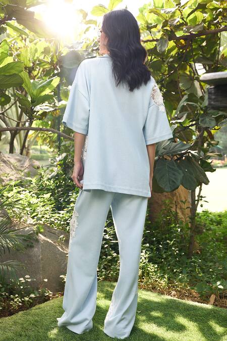 Shop Kay Kay Blue Jacquard Lace Collared Floral Embellished Shirt And Pant Set at Aza Fashions Shop_Kay Kay_Blue Jacquard Lace Collared Floral Embellished Shirt And Pant Set _at_Aza_Fashions