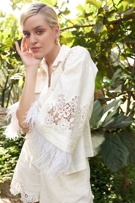 Kay Kay Off White Cotton, Polyester Lace Collared Floral Embellished Shirt And Shorts Set Online at Aza Fashions Kay Kay_Off White Cotton, Polyester Lace Collared Floral Embellished Shirt And Shorts Set _Online_at_Aza_Fashions