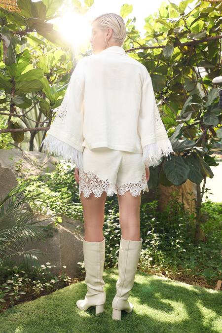 Shop Kay Kay Off White Cotton, Polyester Lace Collared Floral Embellished Shirt And Shorts Set at Aza Fashions Shop_Kay Kay_Off White Cotton, Polyester Lace Collared Floral Embellished Shirt And Shorts Set _at_Aza_Fashions