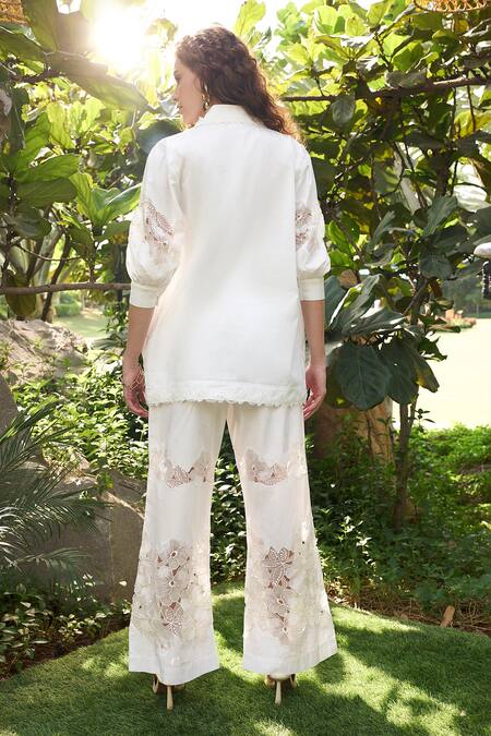 Shop Kay Kay Off White Poplin Embroidery, Lace Collared Floral Embellished Shirt And Pant Set at Aza Fashions Shop_Kay Kay_Off White Poplin Embroidery, Lace Collared Floral Embellished Shirt And Pant Set _at_Aza_Fashions