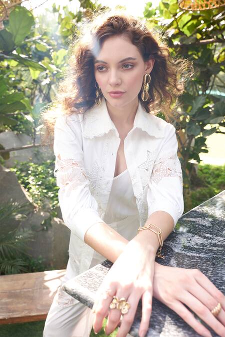 Kay Kay Off White Poplin Embroidery, Lace Collared Floral Embellished Shirt And Pant Set Online at Aza Fashions Kay Kay_Off White Poplin Embroidery, Lace Collared Floral Embellished Shirt And Pant Set _Online_at_Aza_Fashions