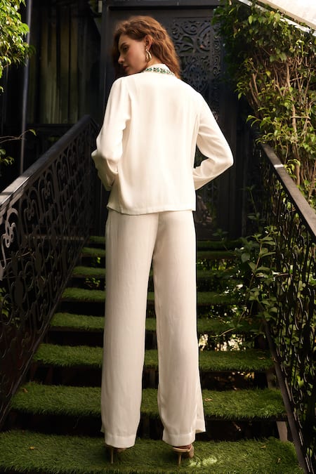 Shop Kay Kay White Chiffon, Crepe Stones Collared Embellished Shirt And Pant Set at Aza Fashions Shop_Kay Kay_White Chiffon, Crepe Stones Collared Embellished Shirt And Pant Set _at_Aza_Fashions