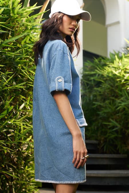 Shop Kay Kay Blue Denim Collared Indigo Twill Embroidered Dress at Aza Fashions Shop_Kay Kay_Blue Denim Collared Indigo Twill Embroidered Dress _at_Aza_Fashions