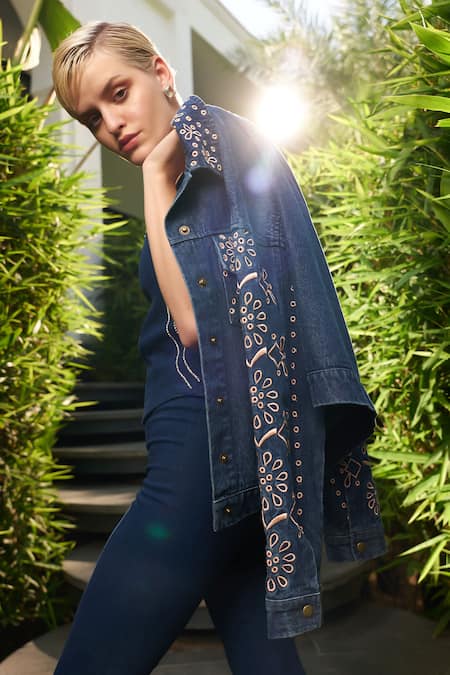 Kay Kay Blue Twill Embroidery Collared Indigo Floral Cutwork Jacket Online at Aza Fashions Kay Kay_Blue Twill Embroidery Collared Indigo Floral Cutwork Jacket _Online_at_Aza_Fashions