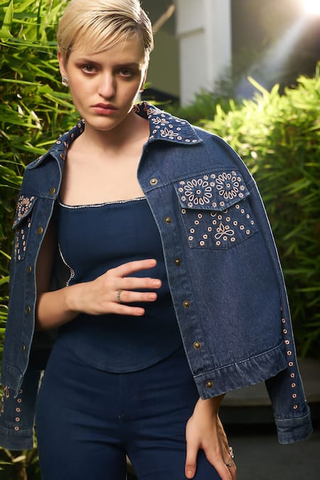 Shop Kay Kay Blue Twill Embroidery Collared Indigo Floral Cutwork Jacket at Aza Fashions Shop_Kay Kay_Blue Twill Embroidery Collared Indigo Floral Cutwork Jacket _at_Aza_Fashions