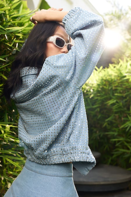 Shop Kay Kay Blue Twill Stones Collared Indigo Swarovski Embellished Jacket at Aza Fashions Shop_Kay Kay_Blue Twill Stones Collared Indigo Swarovski Embellished Jacket _at_Aza_Fashions