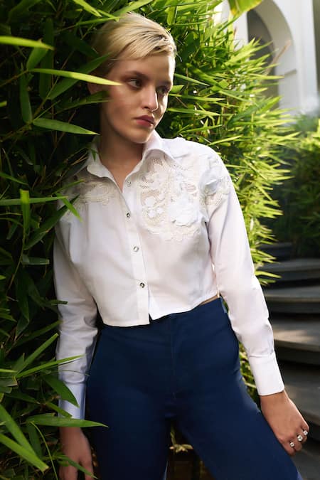 Kay Kay White Poplin Lace Collared Floral Embroidered Cropped Shirt Online at Aza Fashions Kay Kay_White Poplin Lace Collared Floral Embroidered Cropped Shirt _Online_at_Aza_Fashions