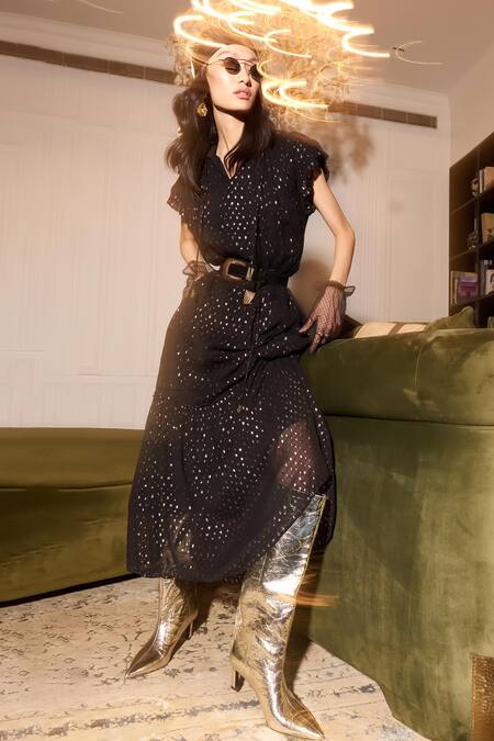 Shop Kay Kay Black Georgette, Polyester Collared Lurex Stripe Pattern Midi Dress Online at Aza Fashions Shop_Kay Kay_Black Georgette, Polyester Collared Lurex Stripe Pattern Midi Dress _Online_at_Aza_Fashions