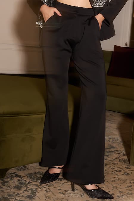 Kay Kay_Black Neoprene, Polyester Stones 3d Flower Embellished Blazer And Pant Set _Online_at_Aza_Fashions