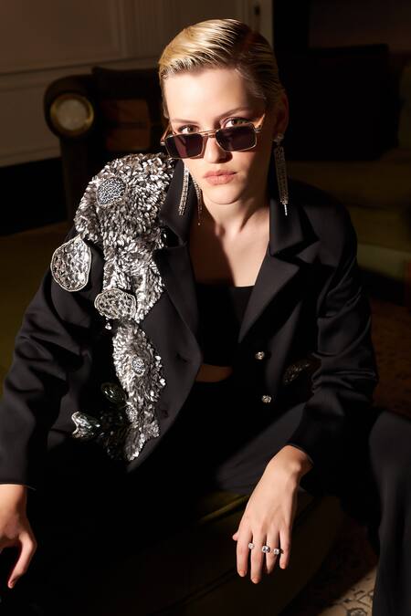 Buy_Kay Kay_Black Neoprene, Polyester Stones 3d Flower Embellished Blazer And Pant Set _Online_at_Aza_Fashions