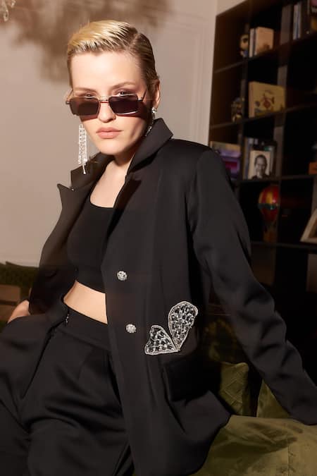 Shop_Kay Kay_Black Neoprene, Polyester Stones 3d Flower Embellished Blazer And Pant Set _Online_at_Aza_Fashions
