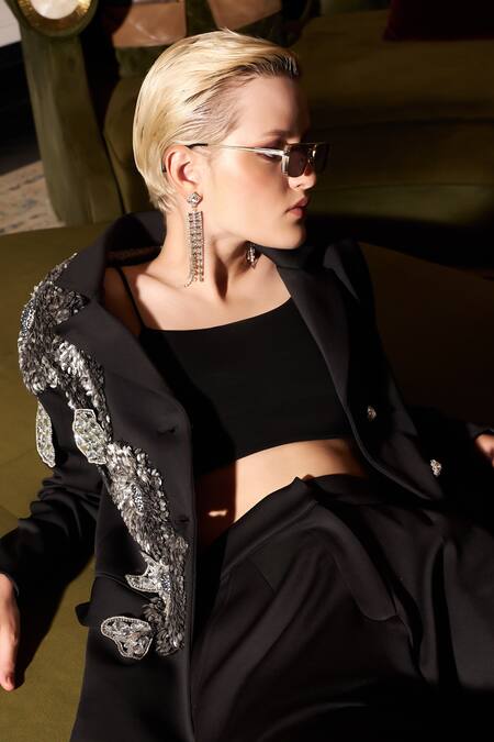 Kay Kay_Black Neoprene, Polyester Stones 3d Flower Embellished Blazer And Pant Set _at_Aza_Fashions