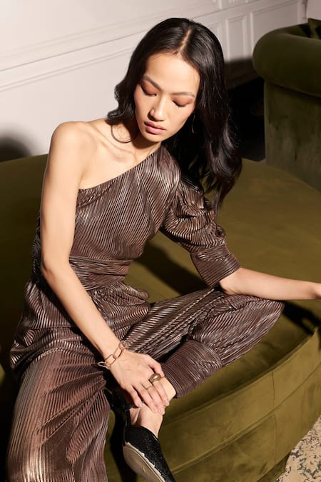 Buy_Kay Kay_Brown Cotton Foil Printing One Shoulder Asymmetric Jumpsuit _Online_at_Aza_Fashions