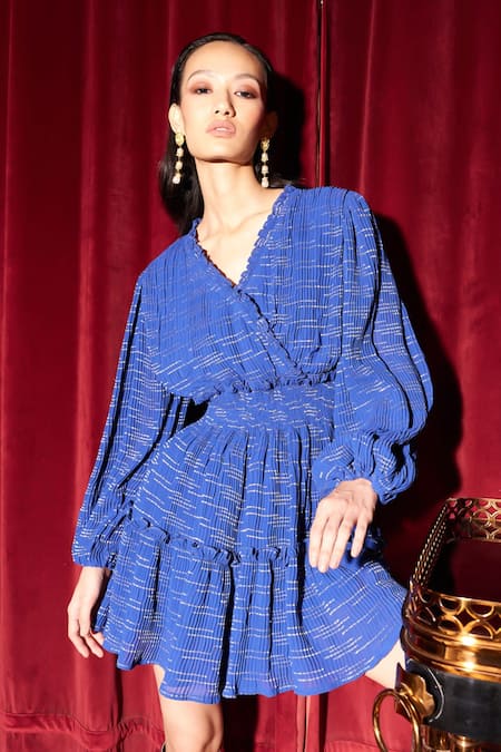 Shop Kay Kay Blue Lurex, Georgette, Cotton V-neck Shimmer Pleated Dress Online at Aza Fashions Shop_Kay Kay_Blue Lurex, Georgette, Cotton V-neck Shimmer Pleated Dress _Online_at_Aza_Fashions