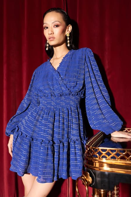 Buy Kay Kay Blue Lurex, Georgette, Cotton V-neck Shimmer Pleated Dress Buy_Kay Kay_Blue Lurex, Georgette, Cotton V-neck Shimmer Pleated Dress