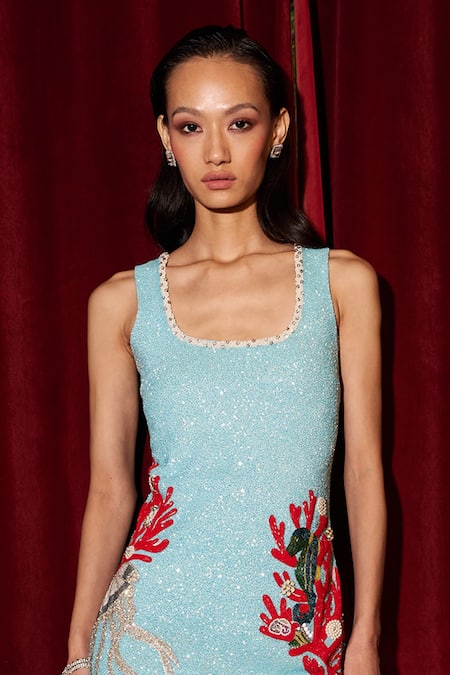 Kay Kay Blue Polyester Cut Work, Stones Round Neck Floral Cutdana Embellished Dress Online at Aza Fashions Kay Kay_Blue Polyester Cut Work, Stones Round Neck Floral Cutdana Embellished Dress _Online_at_Aza_Fashions