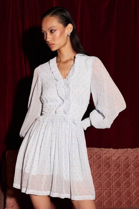 Buy Kay Kay Blue Lurex, Georgette, Poplin Lace V-neck Stripe Ruffle Dress Online at Aza Fashions Buy_Kay Kay_Blue Lurex, Georgette, Poplin Lace V-neck Stripe Ruffle Dress _Online_at_Aza_Fashions