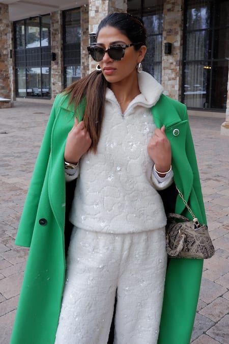 Buy Kay Kay White Polyester, Cotton Sequins High Faux Fur Embroidered Sweatshirt And Pant Set Online at Aza Fashions Buy_Kay Kay_White Polyester, Cotton Sequins High Faux Fur Embroidered Sweatshirt And Pant Set _Online_at_Aza_Fashions