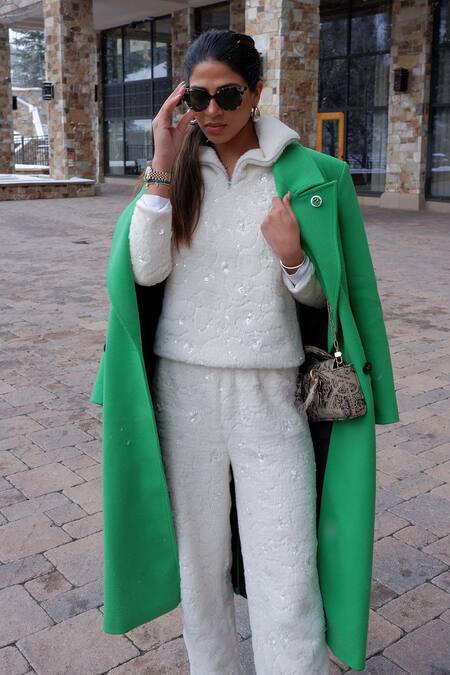 Shop Kay Kay White Polyester, Cotton Sequins High Faux Fur Embroidered Sweatshirt And Pant Set Online at Aza Fashions Shop_Kay Kay_White Polyester, Cotton Sequins High Faux Fur Embroidered Sweatshirt And Pant Set _Online_at_Aza_Fashions