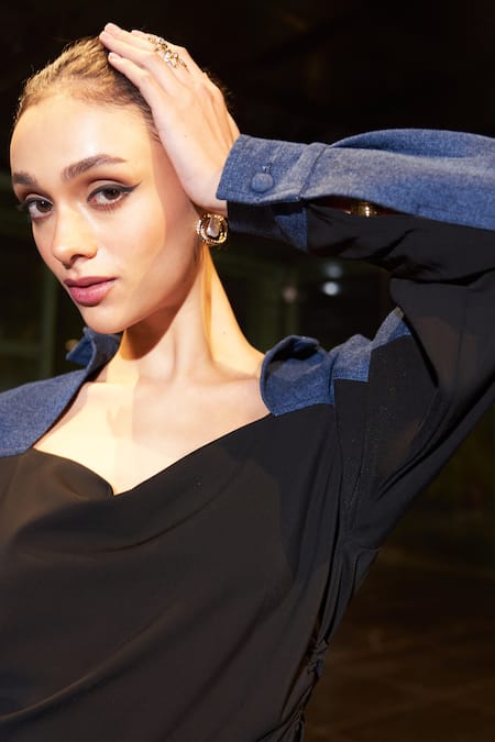 Buy Kay Kay Black Denim Shawl Neck Color Block Panel Dress Online at Aza Fashions Buy_Kay Kay_Black Denim Shawl Neck Color Block Panel Dress _Online_at_Aza_Fashions