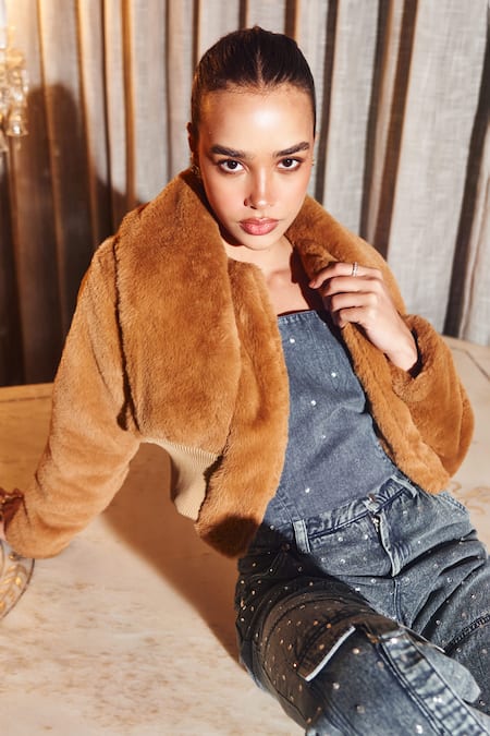 Kay Kay_Brown Faux Leather Shawl Neck Tan Textured Fur Crop Jacket _Online_at_Aza_Fashions