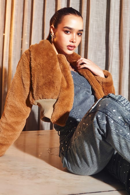 Buy_Kay Kay_Brown Faux Leather Shawl Neck Tan Textured Fur Crop Jacket _Online_at_Aza_Fashions