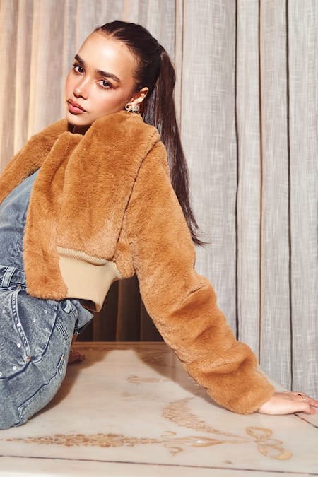 Shop_Kay Kay_Brown Faux Leather Shawl Neck Tan Textured Fur Crop Jacket _Online_at_Aza_Fashions
