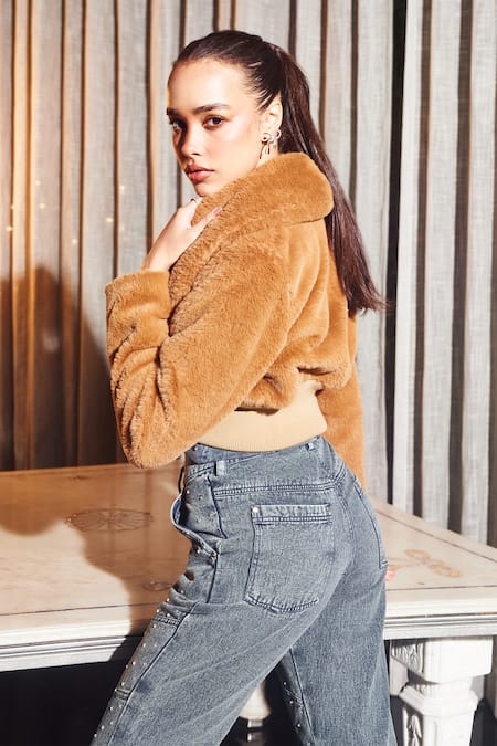 Kay Kay_Brown Faux Leather Shawl Neck Tan Textured Fur Crop Jacket _at_Aza_Fashions