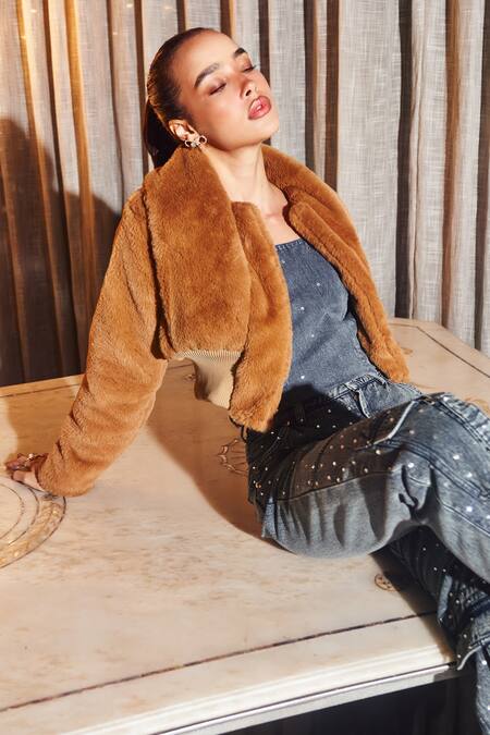 Buy_Kay Kay_Brown Faux Leather Shawl Neck Tan Textured Fur Crop Jacket 