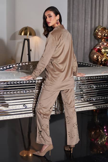 Shop Kay Kay Beige Suede Cut Work Collared Floral Shirt And Pant Set at Aza Fashions Shop_Kay Kay_Beige Suede Cut Work Collared Floral Shirt And Pant Set _at_Aza_Fashions