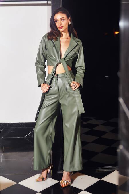 Kay Kay Green Leather Crop Top & Flared Pant Set
