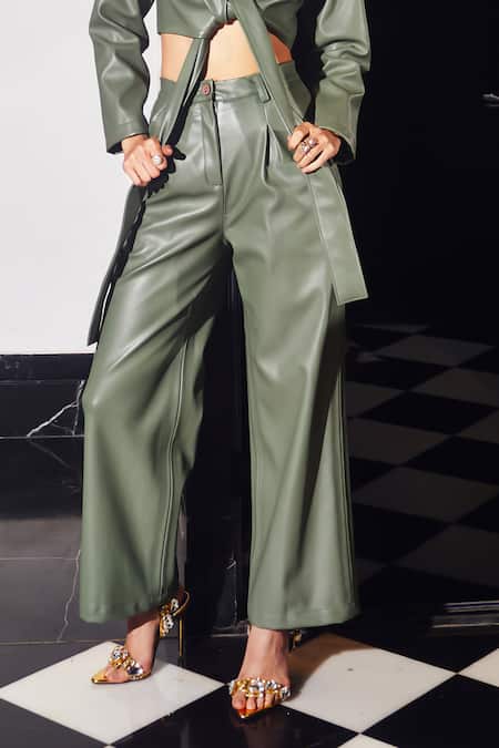 Kay Kay_Green Leather, Linen Collared Crop Top And Pant Set _Online_at_Aza_Fashions