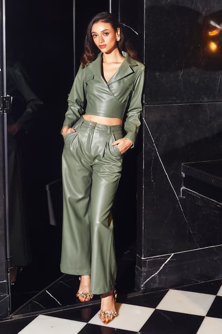 Buy_Kay Kay_Green Leather, Linen Collared Crop Top And Pant Set _Online_at_Aza_Fashions